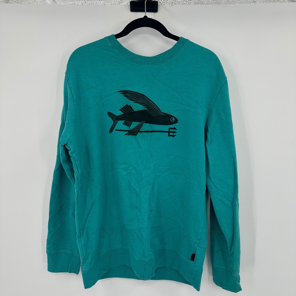 Patagonia Mens Teal Flying Fish Trident Graphic Organic Cotton Sweatshirt Medium